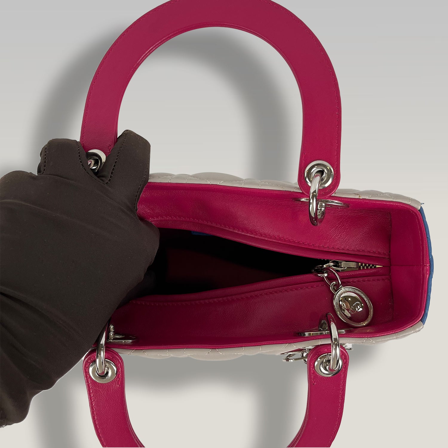 Dior Lady Dior Medium in Pelle Cannage Multicolor Beige, Blu e Fucsia con Hardware Argento