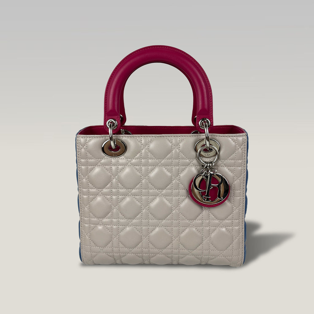 Dior Lady Dior Medium in Pelle Cannage Multicolor Beige, Blu e Fucsia con Hardware Argento