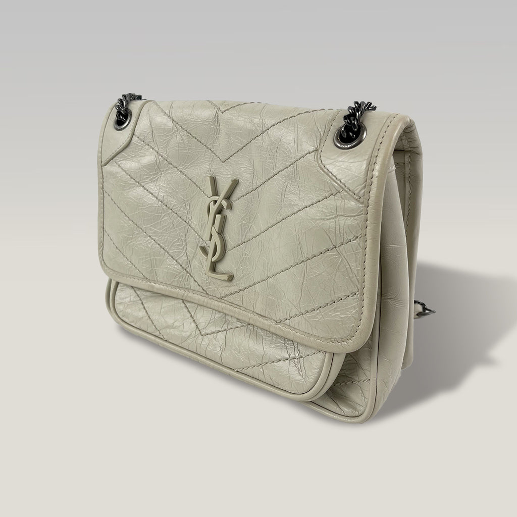 Saint Laurent Niki Baby Beige Crinkled Leather Chain Shoulder Bag