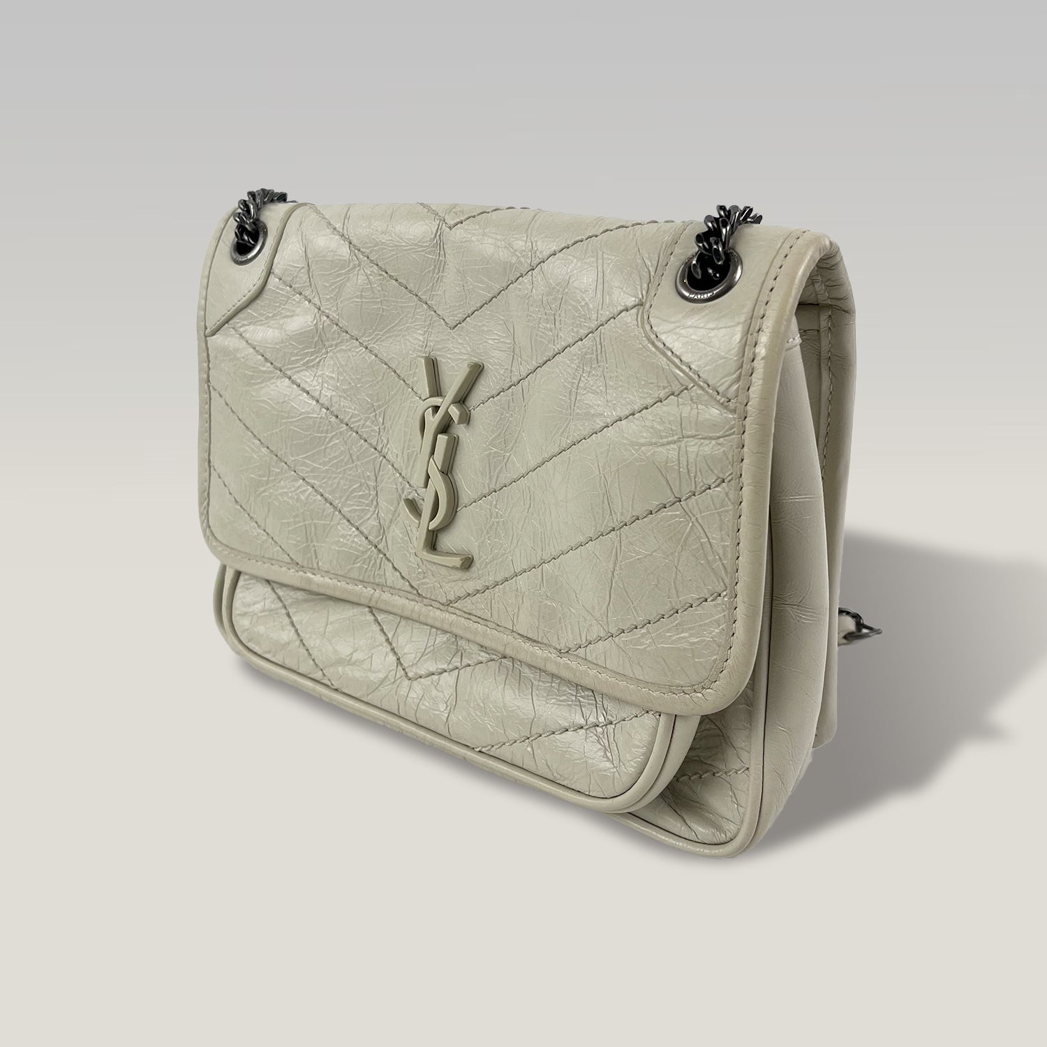 Saint Laurent Niki Baby Beige Crinkled Leather Chain Shoulder Bag