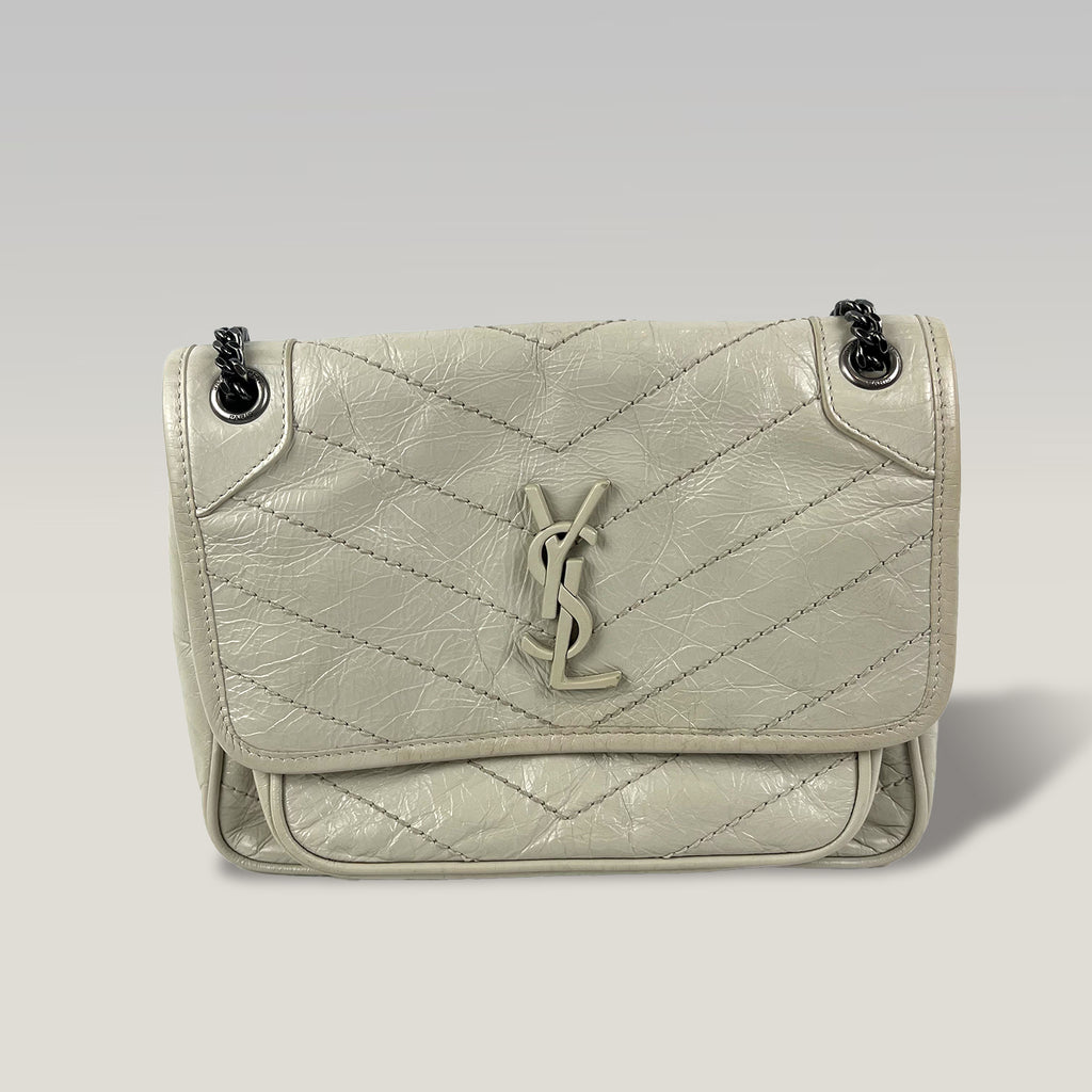 Saint Laurent Niki Baby Beige Crinkled Leather Chain Shoulder Bag