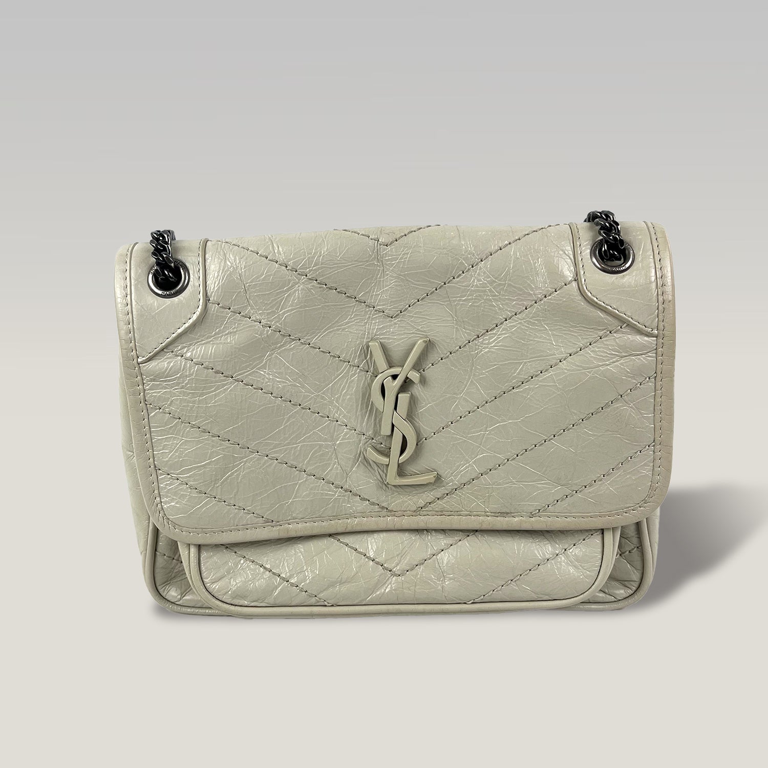 Saint Laurent Niki Baby Beige Crinkled Leather Chain Shoulder Bag