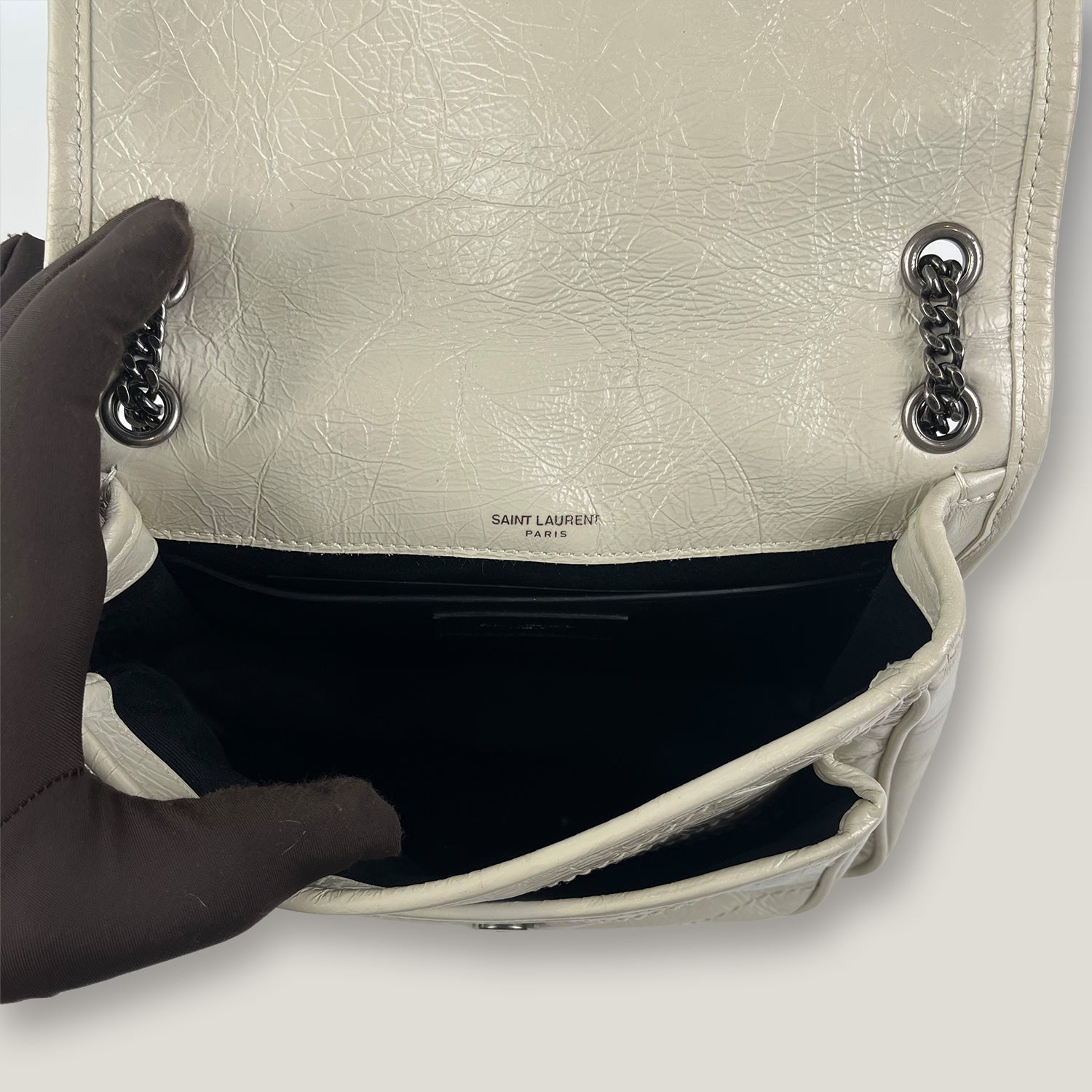 Saint Laurent Niki Baby Beige Crinkled Leather Chain Shoulder Bag