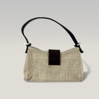 Fendi Baguette Zucca Canvas Beige Shoulder Bag Leather Trim