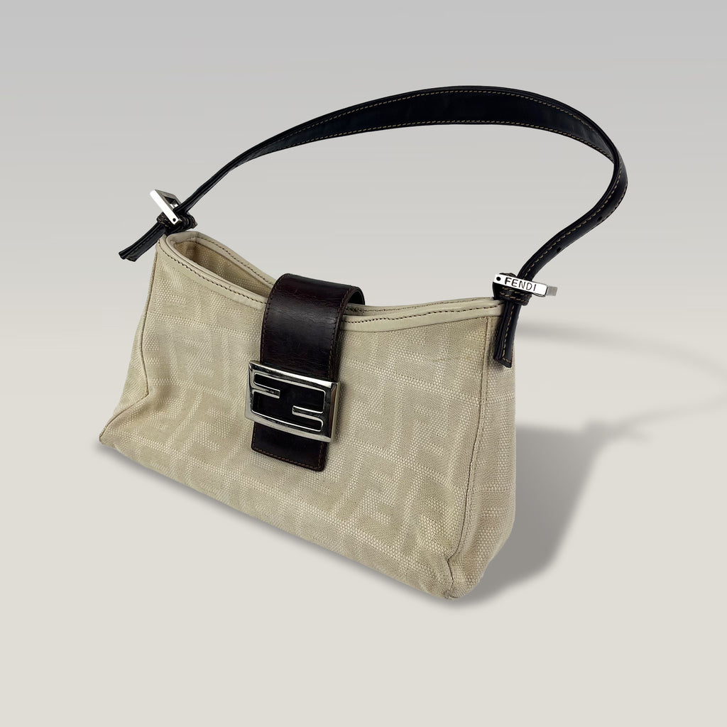 Fendi Baguette Zucca Canvas Beige Shoulder Bag Leather Trim
