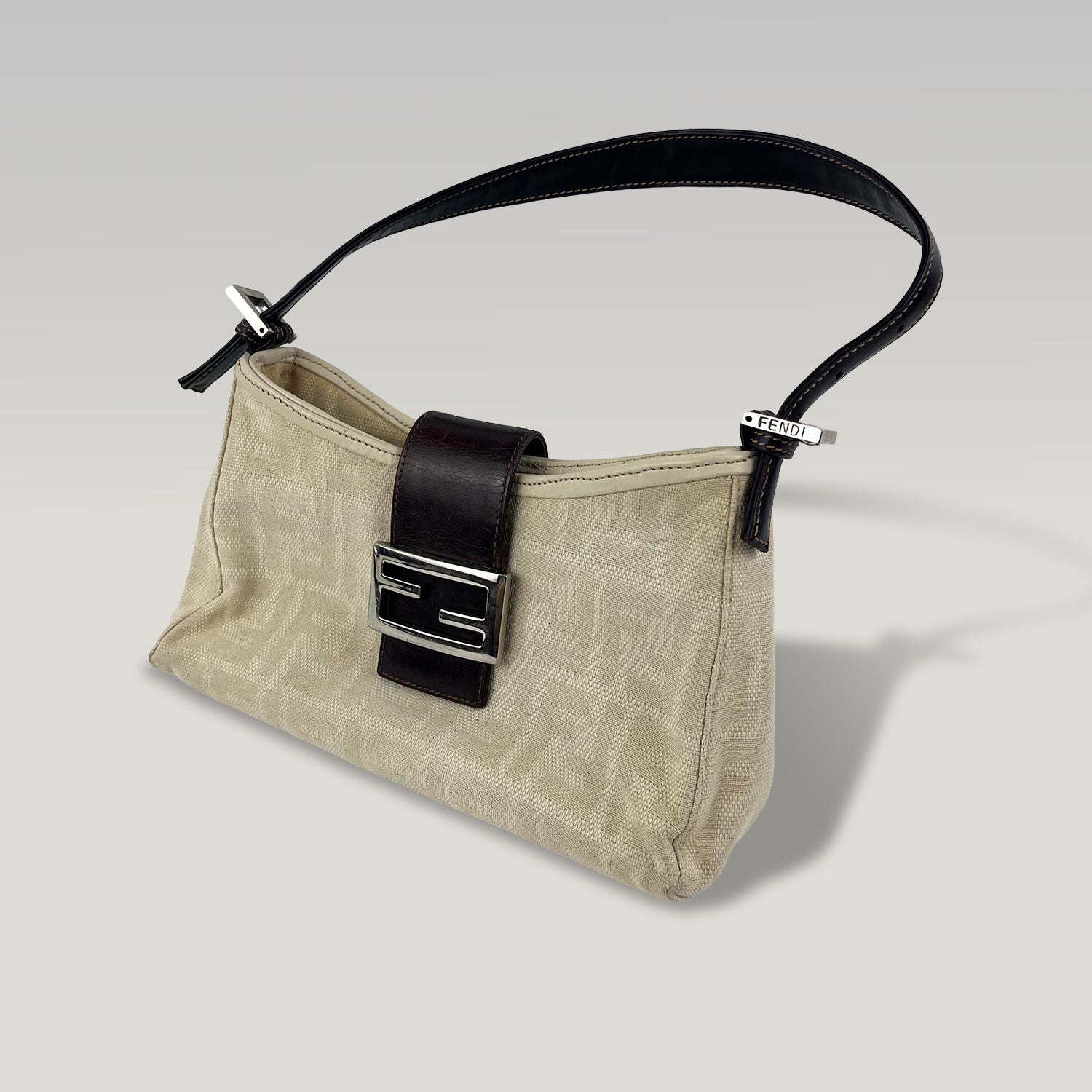Fendi Baguette Zucca Canvas Beige Shoulder Bag Leather Trim