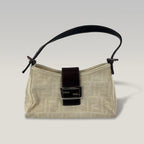 Fendi Baguette Zucca Canvas Beige Shoulder Bag Leather Trim