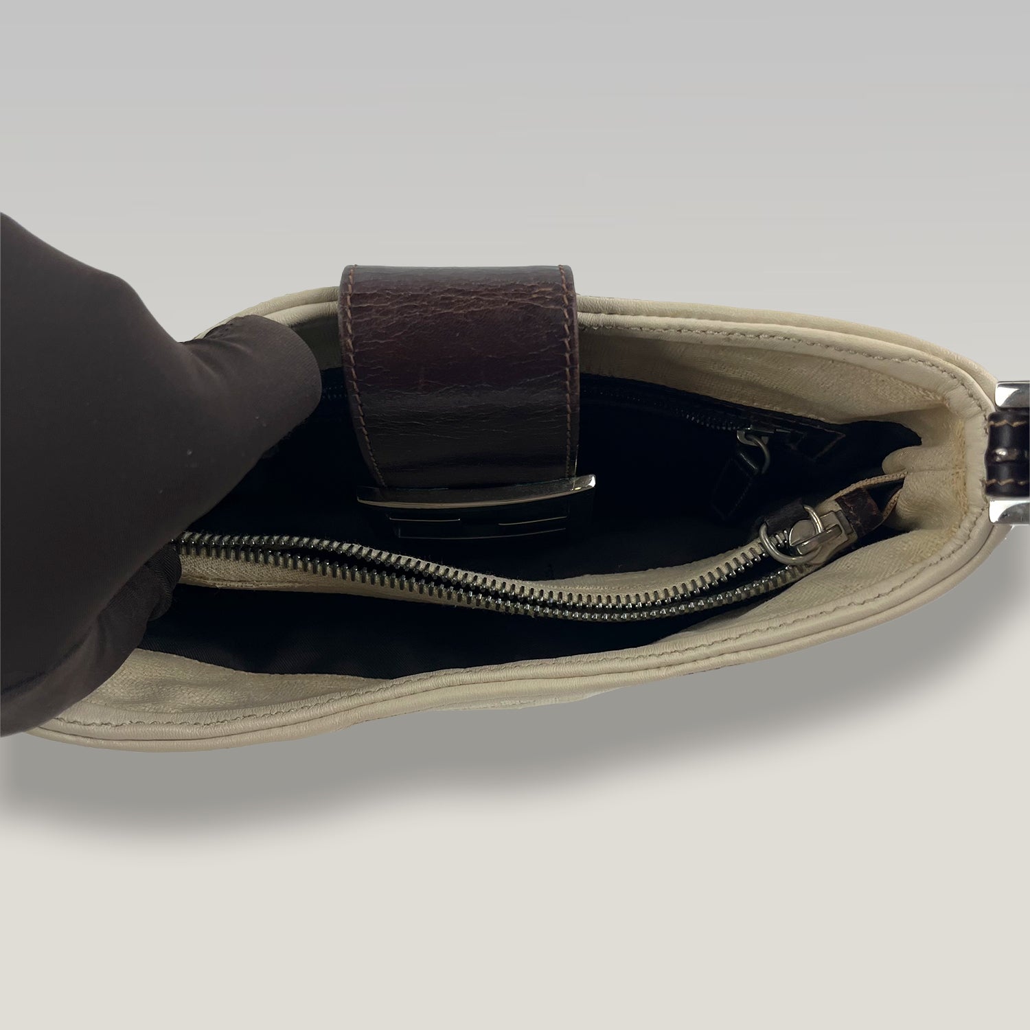 Fendi Baguette Zucca Canvas Beige Shoulder Bag Leather Trim