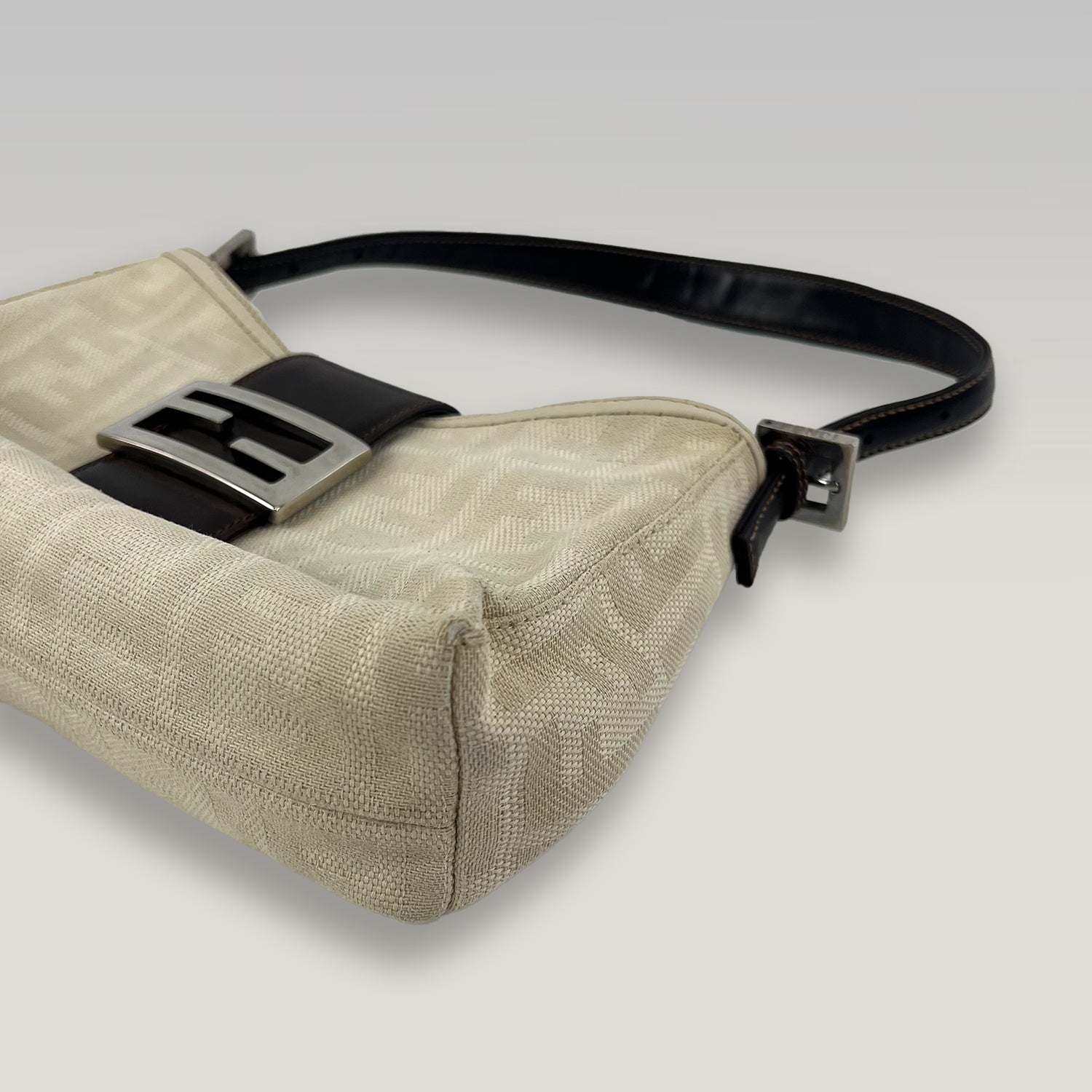 Fendi Baguette Zucca Canvas Beige Shoulder Bag Leather Trim