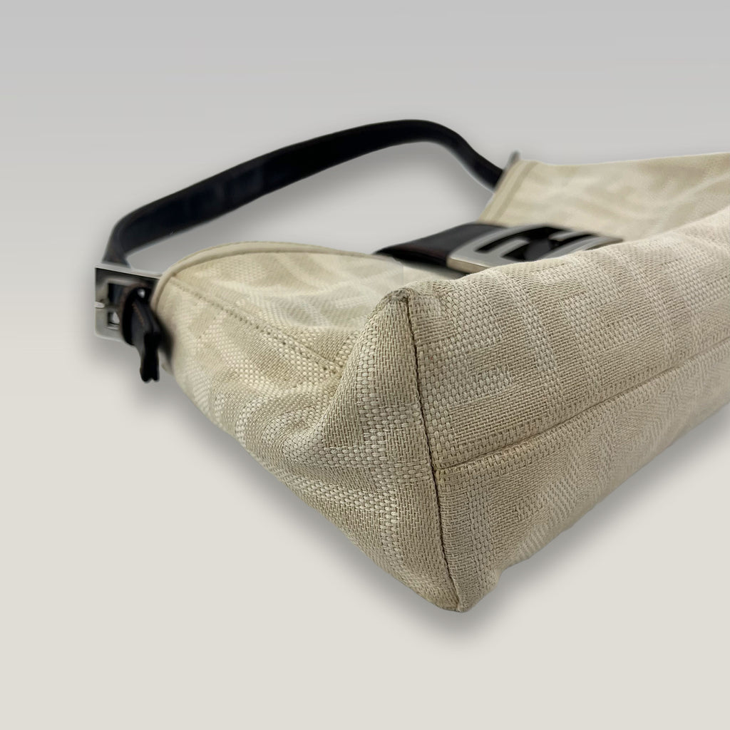 Fendi Baguette Zucca Canvas Beige Shoulder Bag Leather Trim