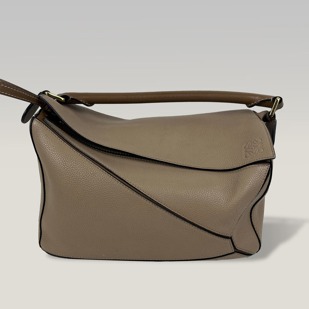 Loewe Puzzle Medium in Pelle Beige e Marrone con Tracolla