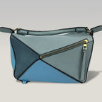 Loewe Puzzle Medium in Pelle Color Block Azzurra e Grigia con Tracolla