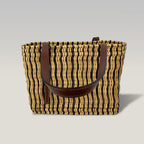 Loewe Tote Small in Rafia Intrecciata Multicolor con Finiture in Pelle Marrone