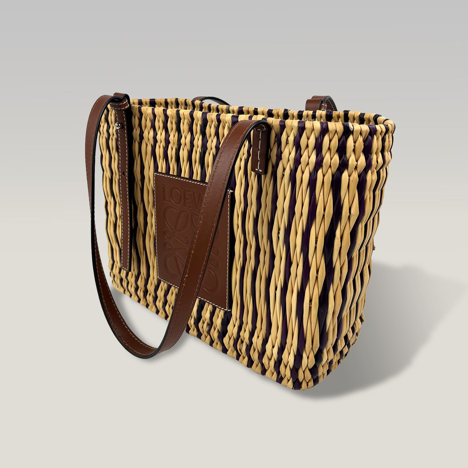 Loewe Tote Small in Rafia Intrecciata Multicolor con Finiture in Pelle Marrone