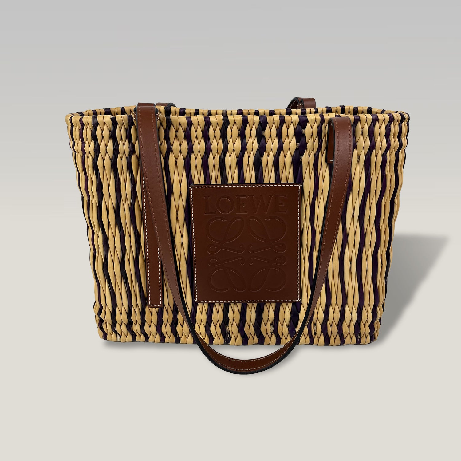 Loewe Tote Small in Rafia Intrecciata Multicolor con Finiture in Pelle Marrone