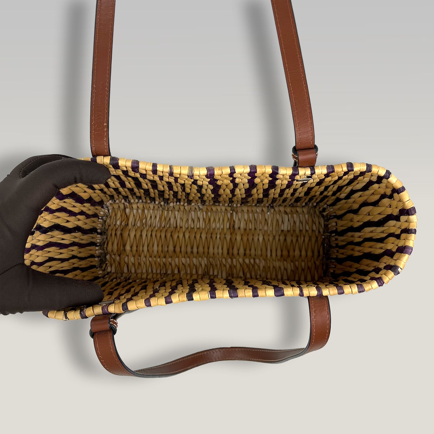 Loewe Tote Small in Rafia Intrecciata Multicolor con Finiture in Pelle Marrone