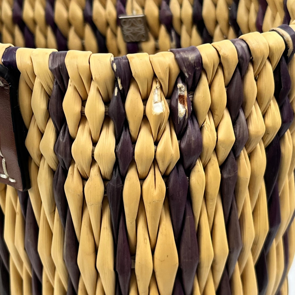 Loewe Tote Small in Rafia Intrecciata Multicolor con Finiture in Pelle Marrone