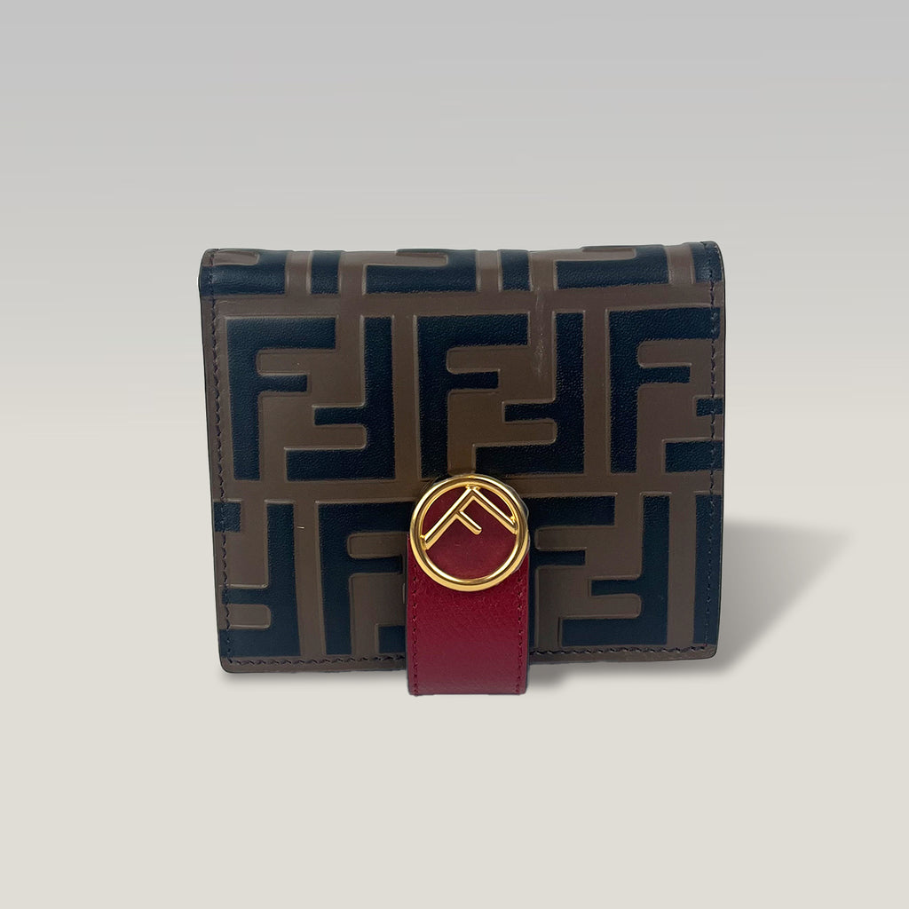 Fendi Portafoglio Bi-fold in Pelle FF Marrone e Bordeaux con Logo F