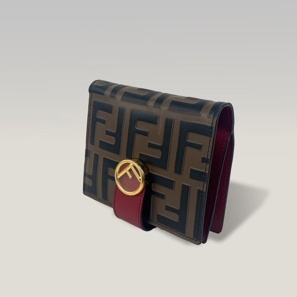 Fendi Portafoglio Bi-fold in Pelle FF Marrone e Bordeaux con Logo F