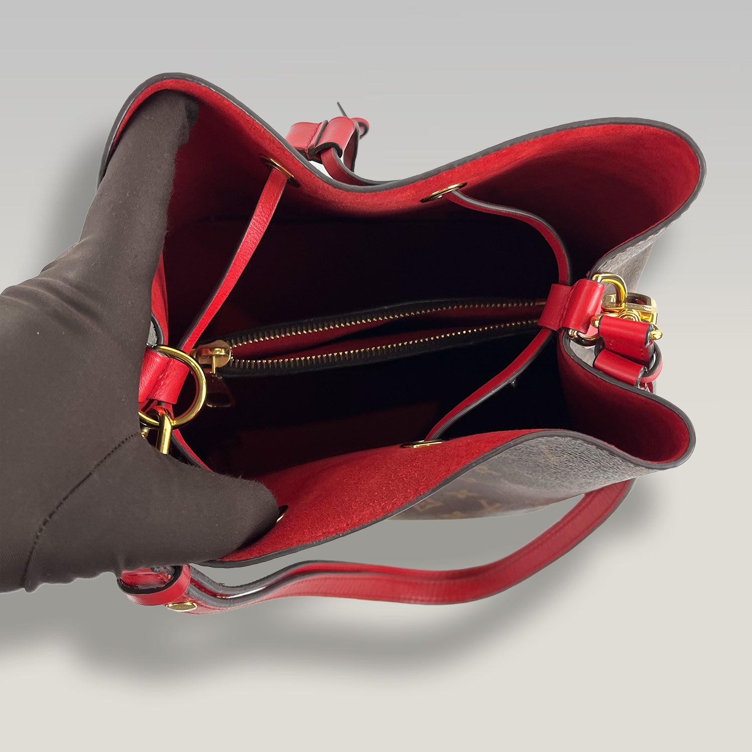 Louis Vuitton Néonoé BB Monogram Canvas & Red Leather Bucket Bag