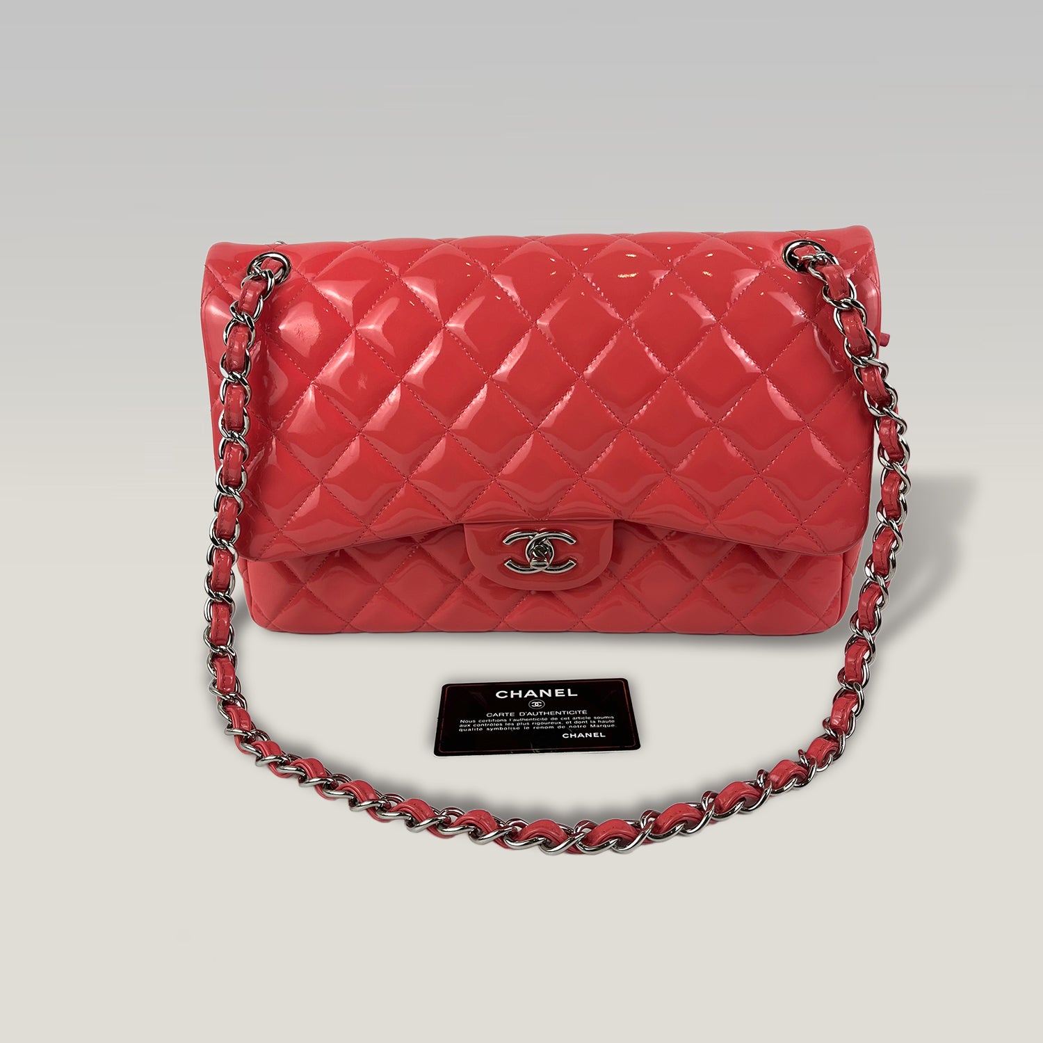 Chanel Timeless Maxi Flap Bag Pink Patent Leather Silver Hardware