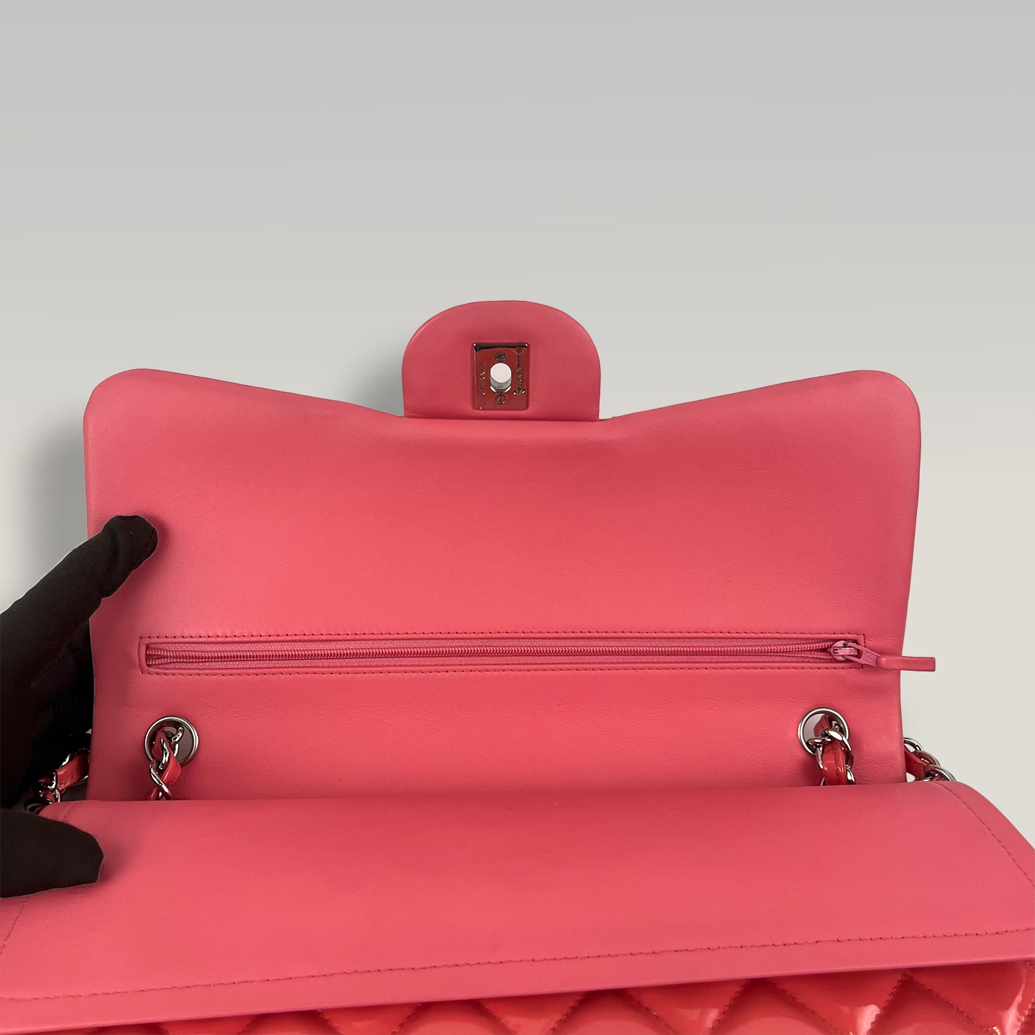 Chanel Timeless Maxi Flap Bag Pink Patent Leather Silver Hardware