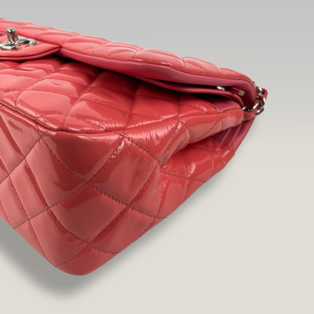 Chanel Timeless Maxi Flap Bag Pink Patent Leather Silver Hardware