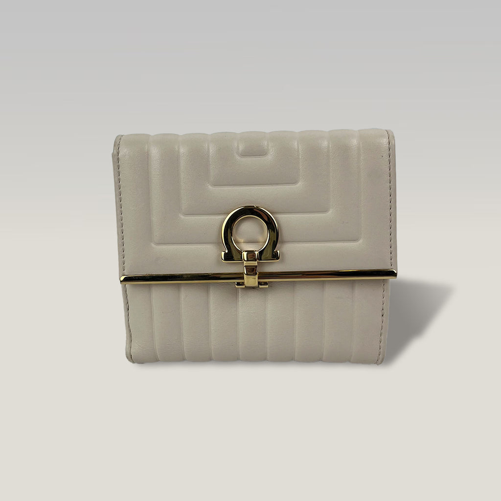 Ferragamo Gancini Compact White Leather Wallet