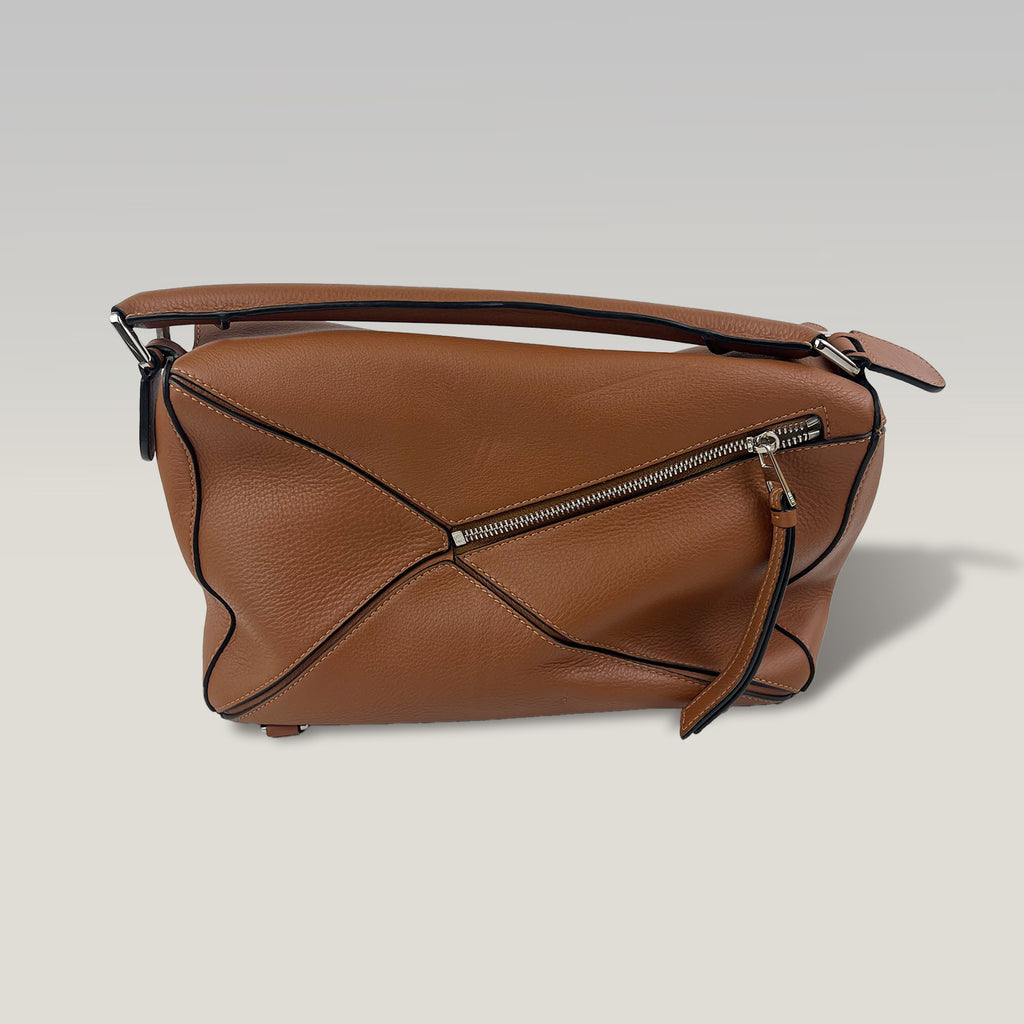 Loewe Puzzle Media in Pelle Marrone con Manico Superiore e Tracolla – Borsa a Mano e a Tracolla