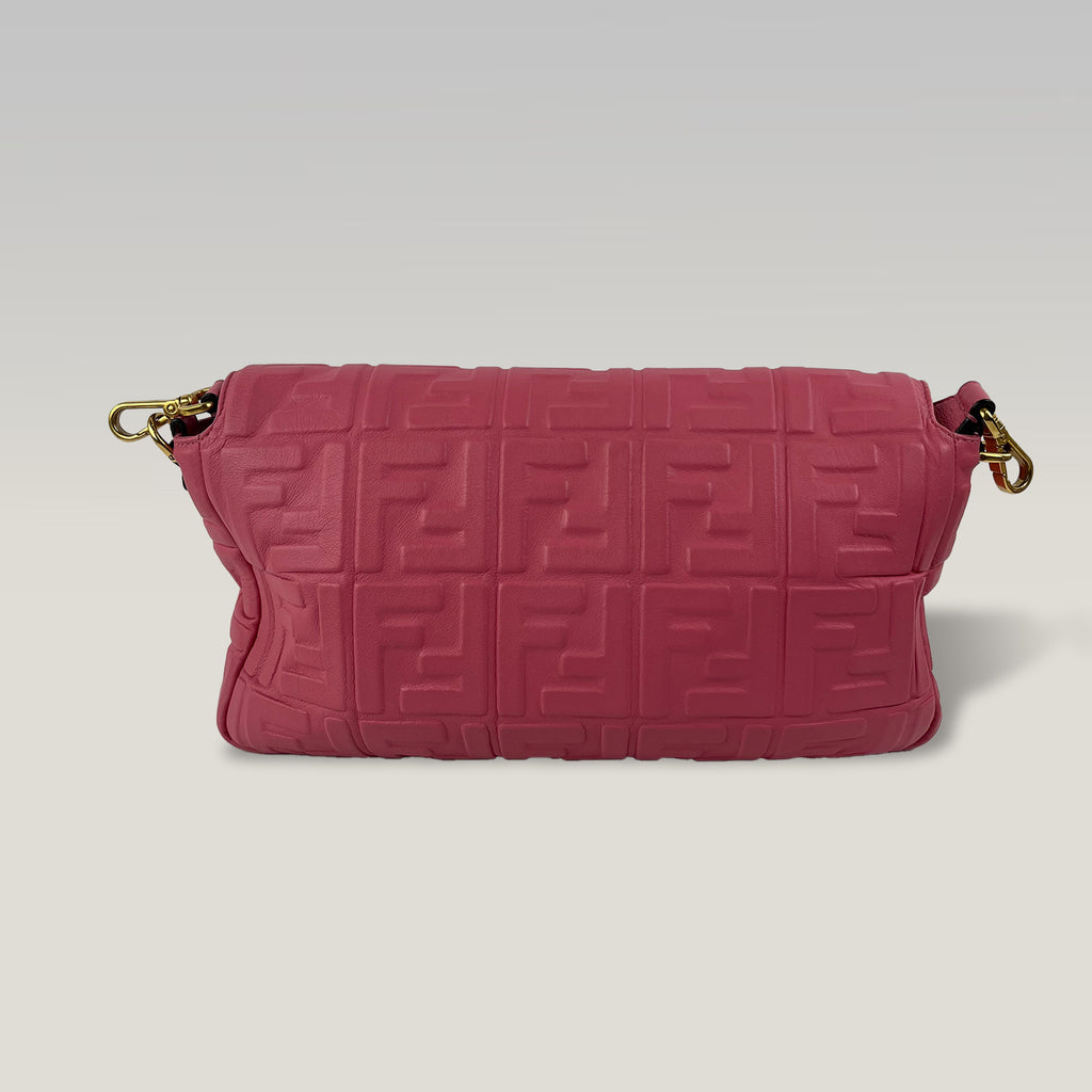 Fendi Baguette FF Embossed Pink Nappa Leather Shoulder Bag Large