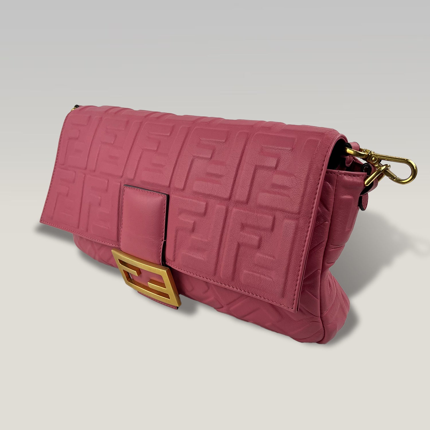 Fendi Baguette FF Embossed Pink Nappa Leather Shoulder Bag Large