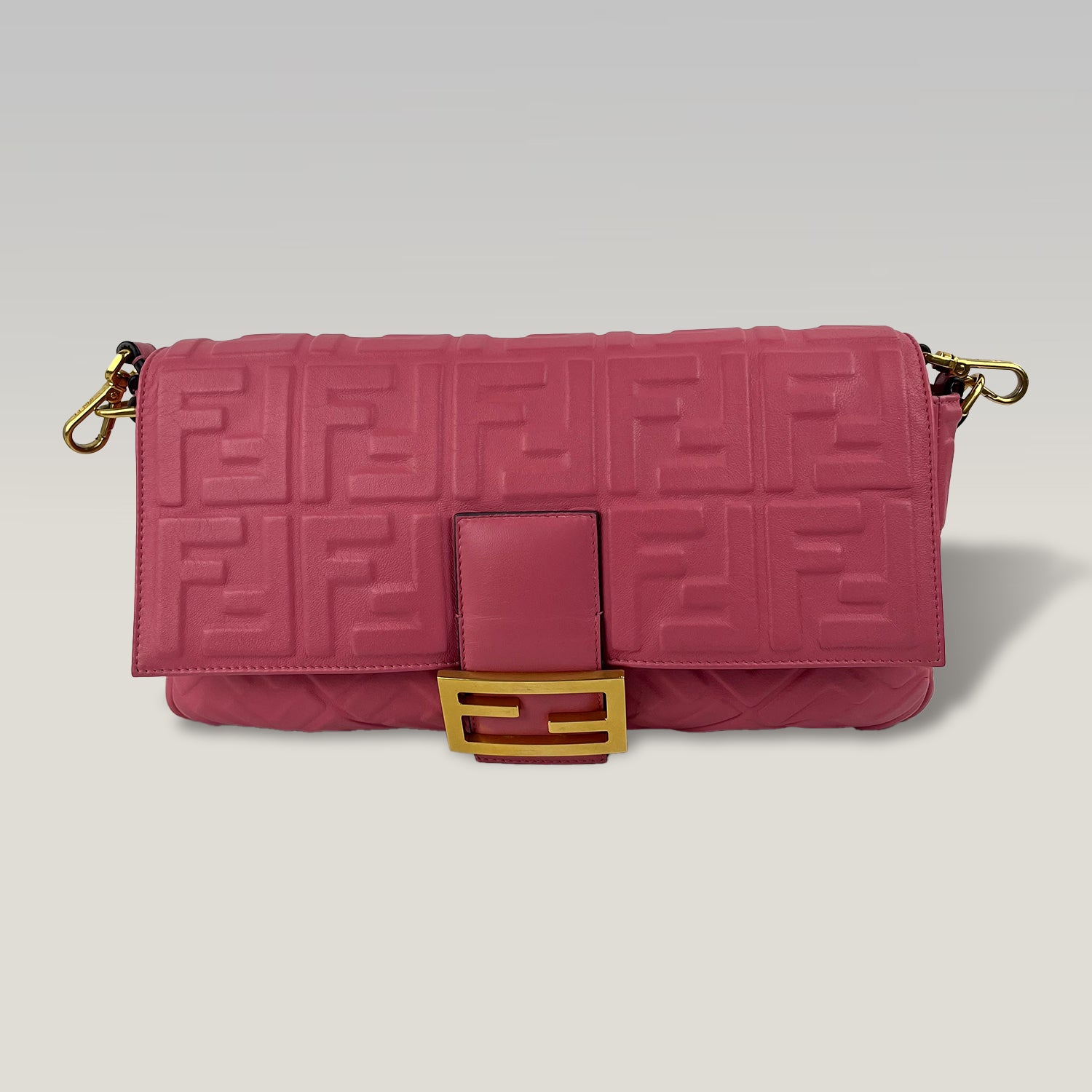 Fendi Baguette FF Embossed Pink Nappa Leather Shoulder Bag Large