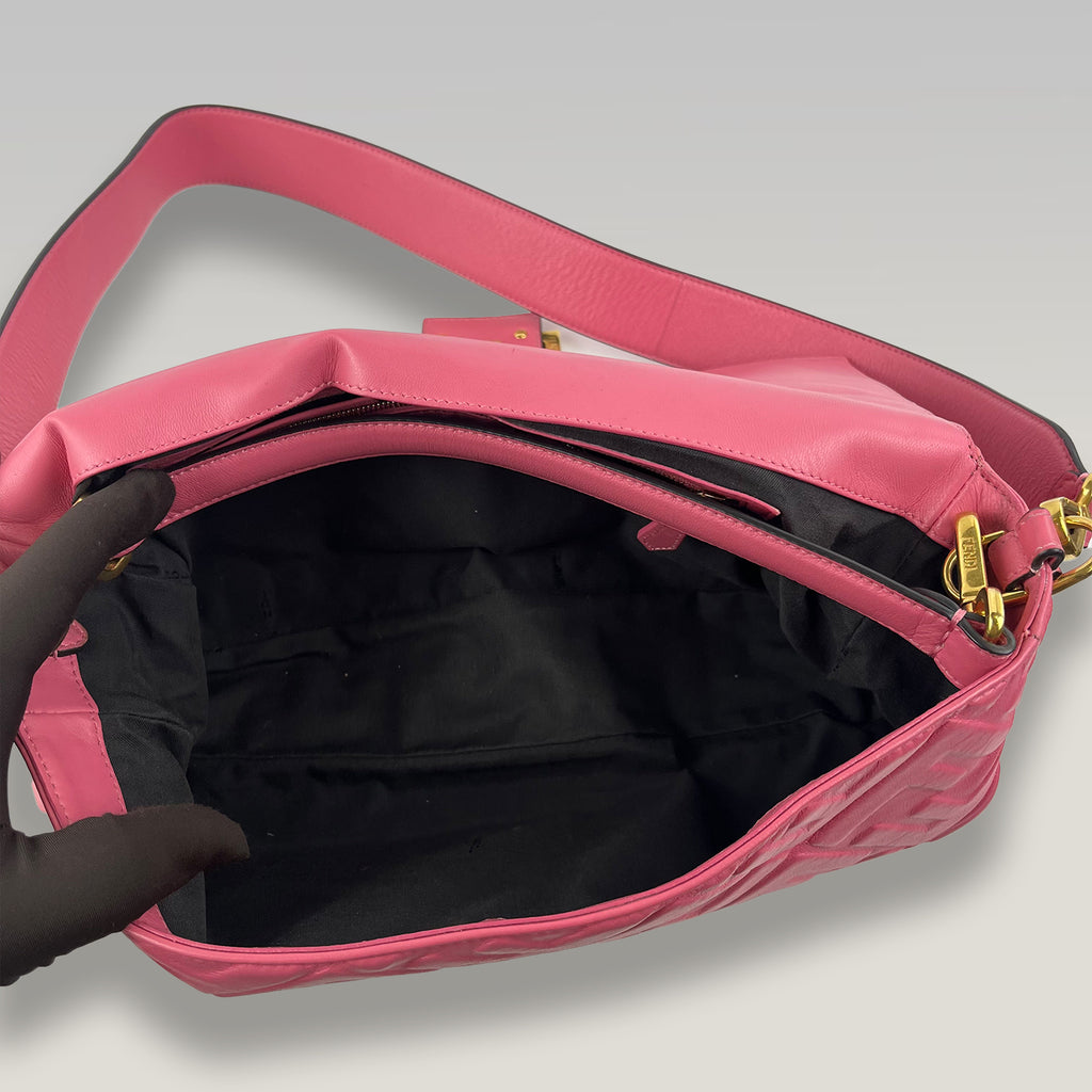 Fendi Baguette FF Embossed Pink Nappa Leather Shoulder Bag Large