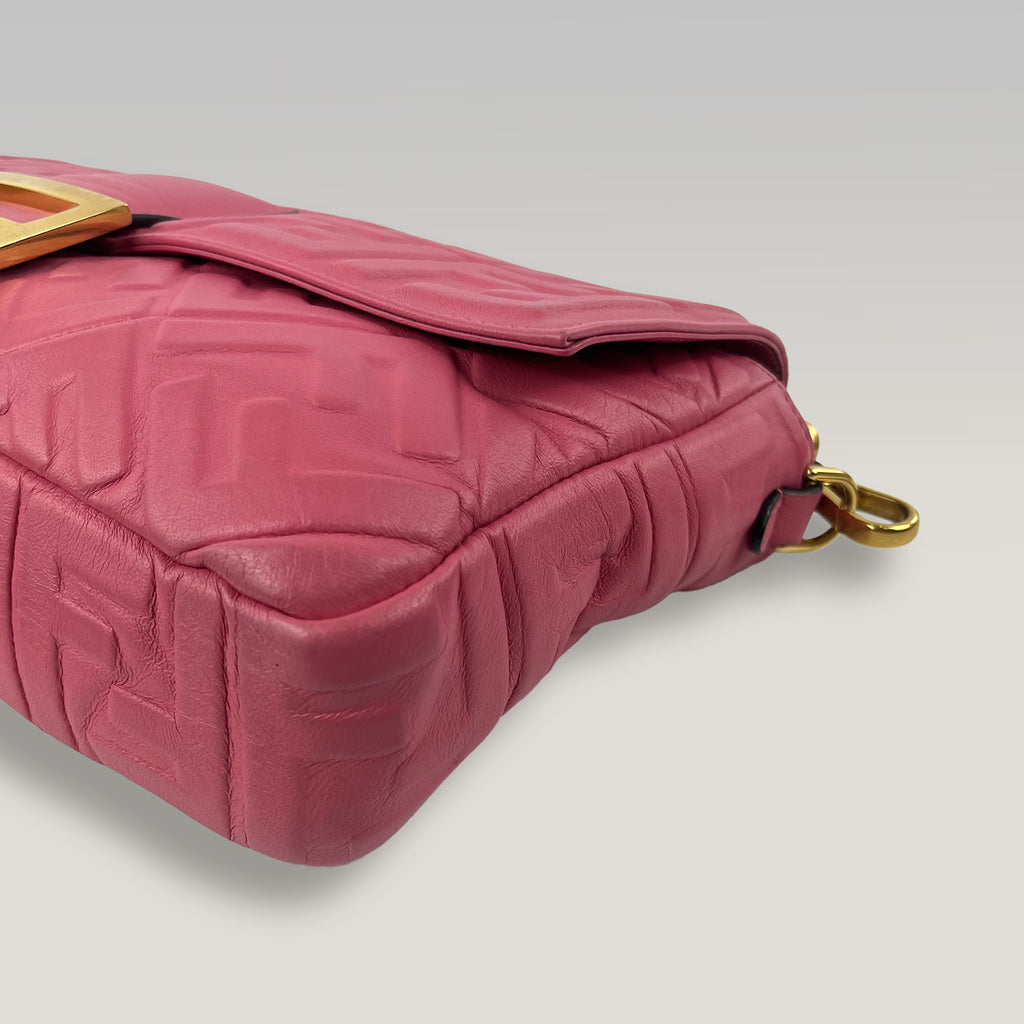 Fendi Baguette FF Embossed Pink Nappa Leather Shoulder Bag Large