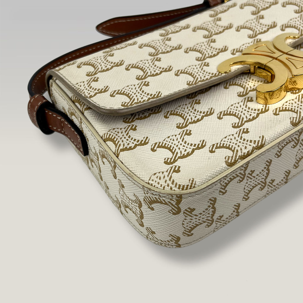 Celine Triomphe Borsa a Spalla in Tela Macadam Bianca con Chiusura Dorata