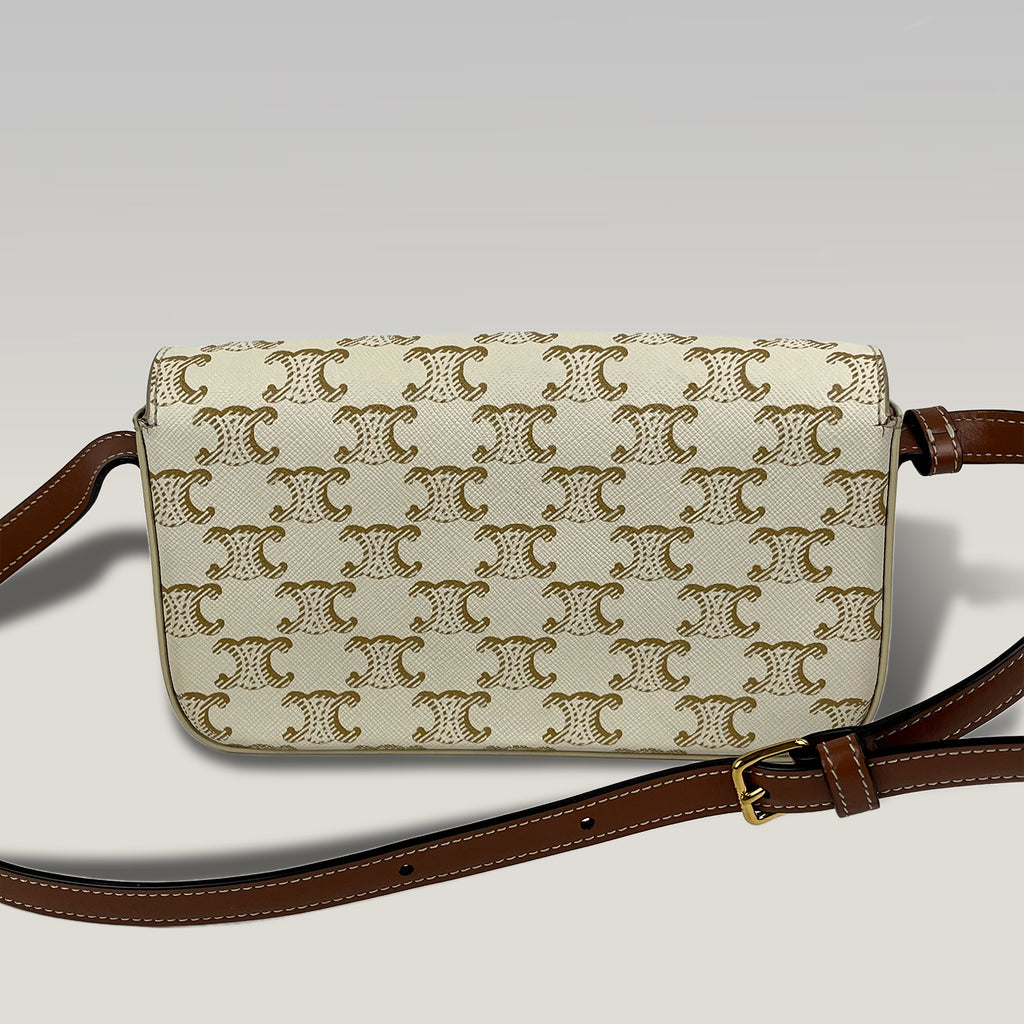 Celine Triomphe Borsa a Spalla in Tela Macadam Bianca con Chiusura Dorata