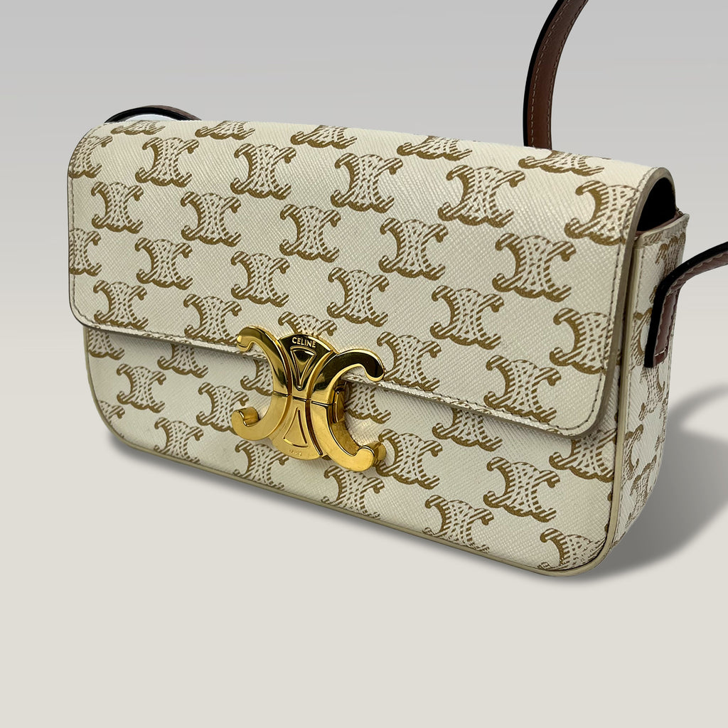 Celine Triomphe Borsa a Spalla in Tela Macadam Bianca con Chiusura Dorata