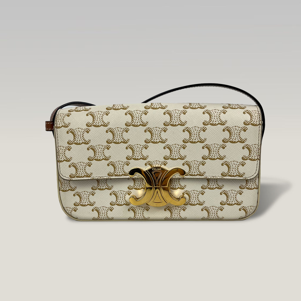 Celine Triomphe Borsa a Spalla in Tela Macadam Bianca con Chiusura Dorata