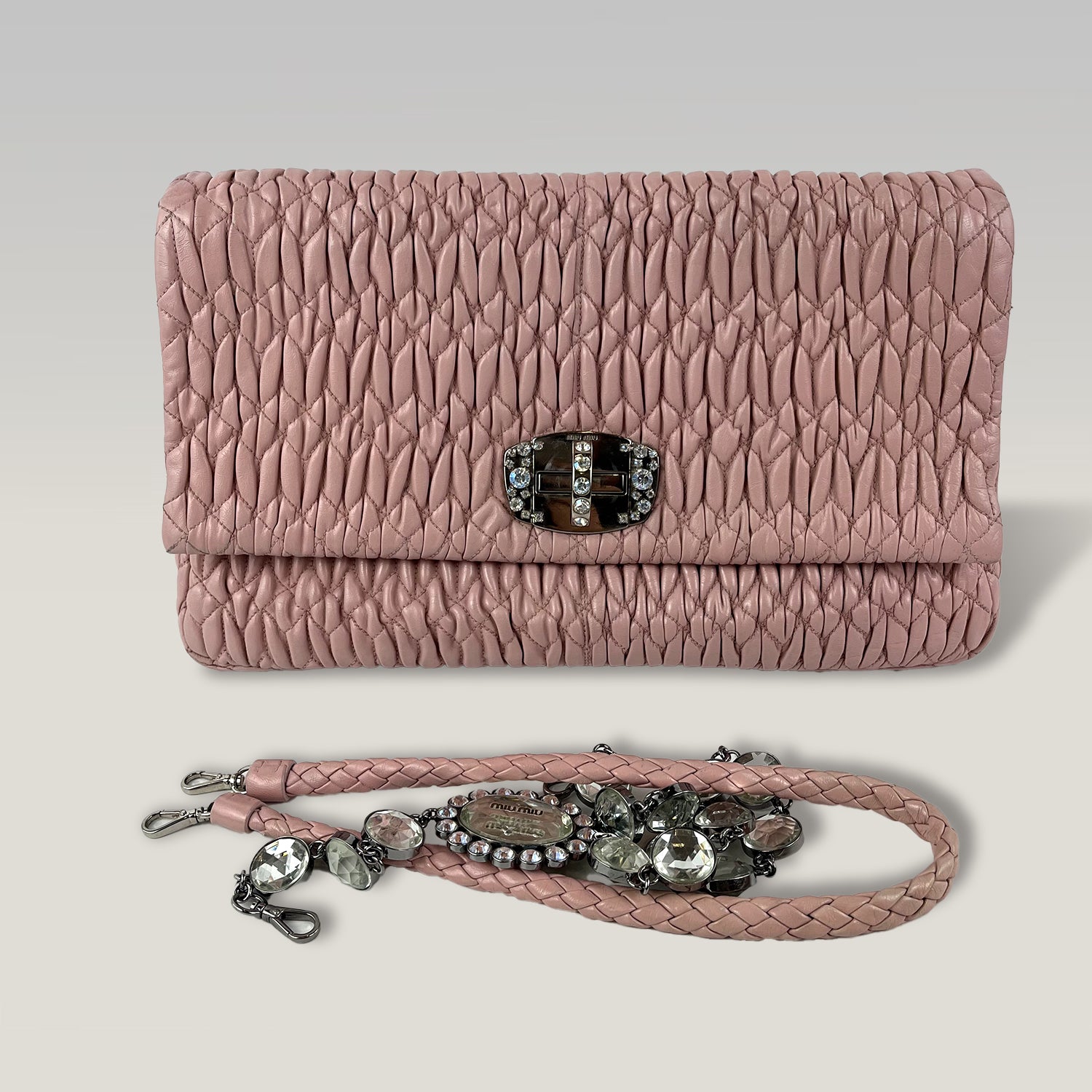 Miu Miu Crystal Matelassé Pink Leather Shoulder Bag