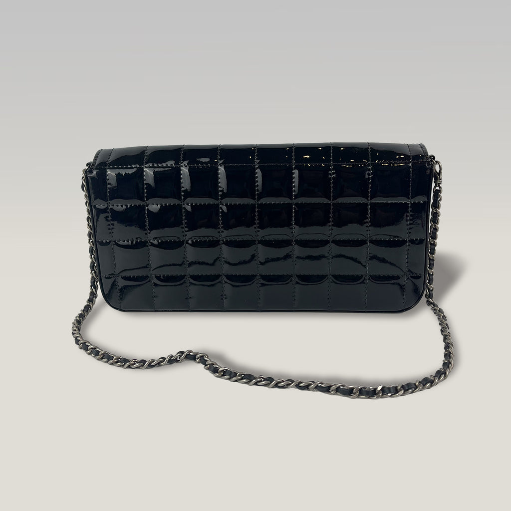 Chanel East West Chocolate Bar Patent Leather Flap Bag Black