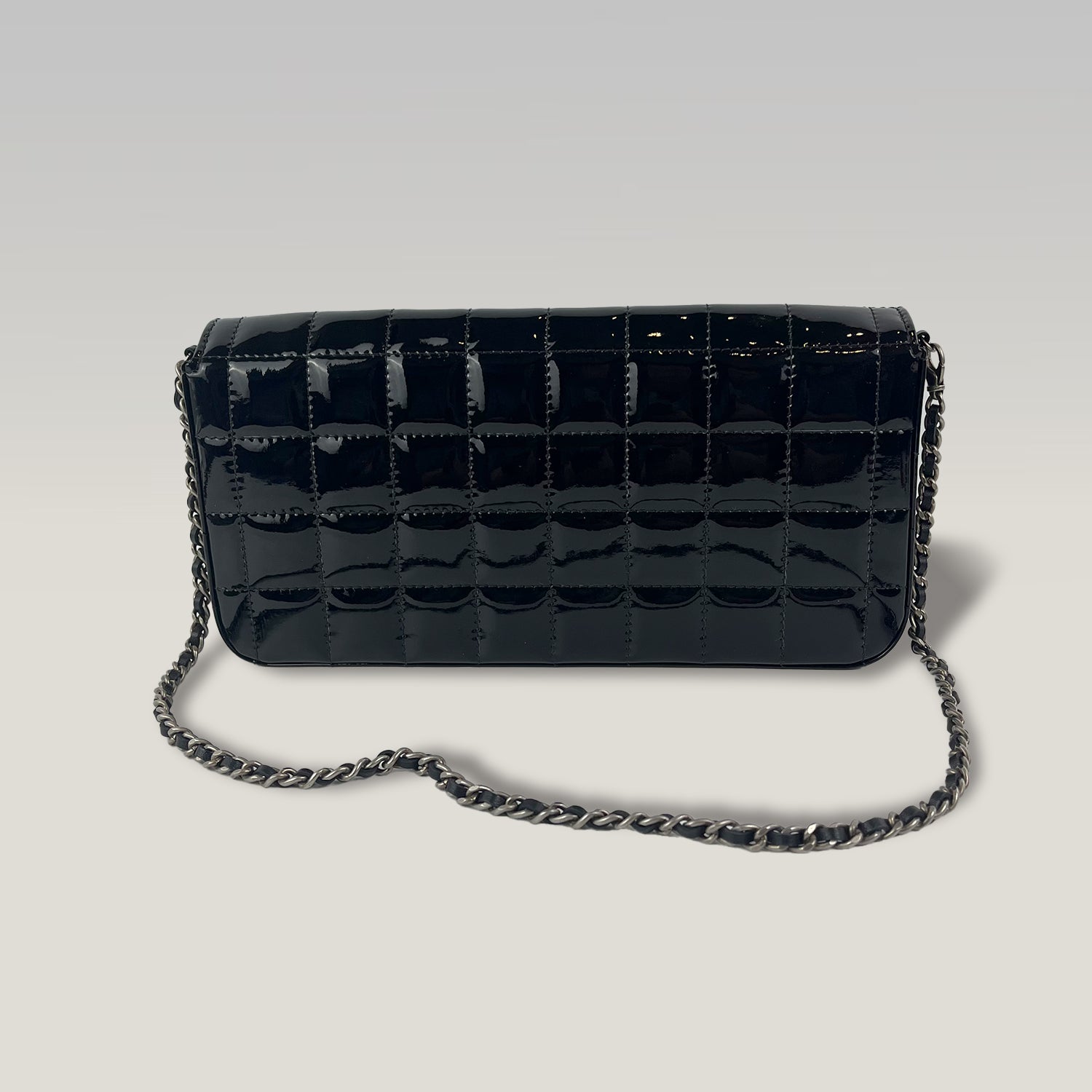Chanel East West Chocolate Bar Patent Leather Flap Bag Black