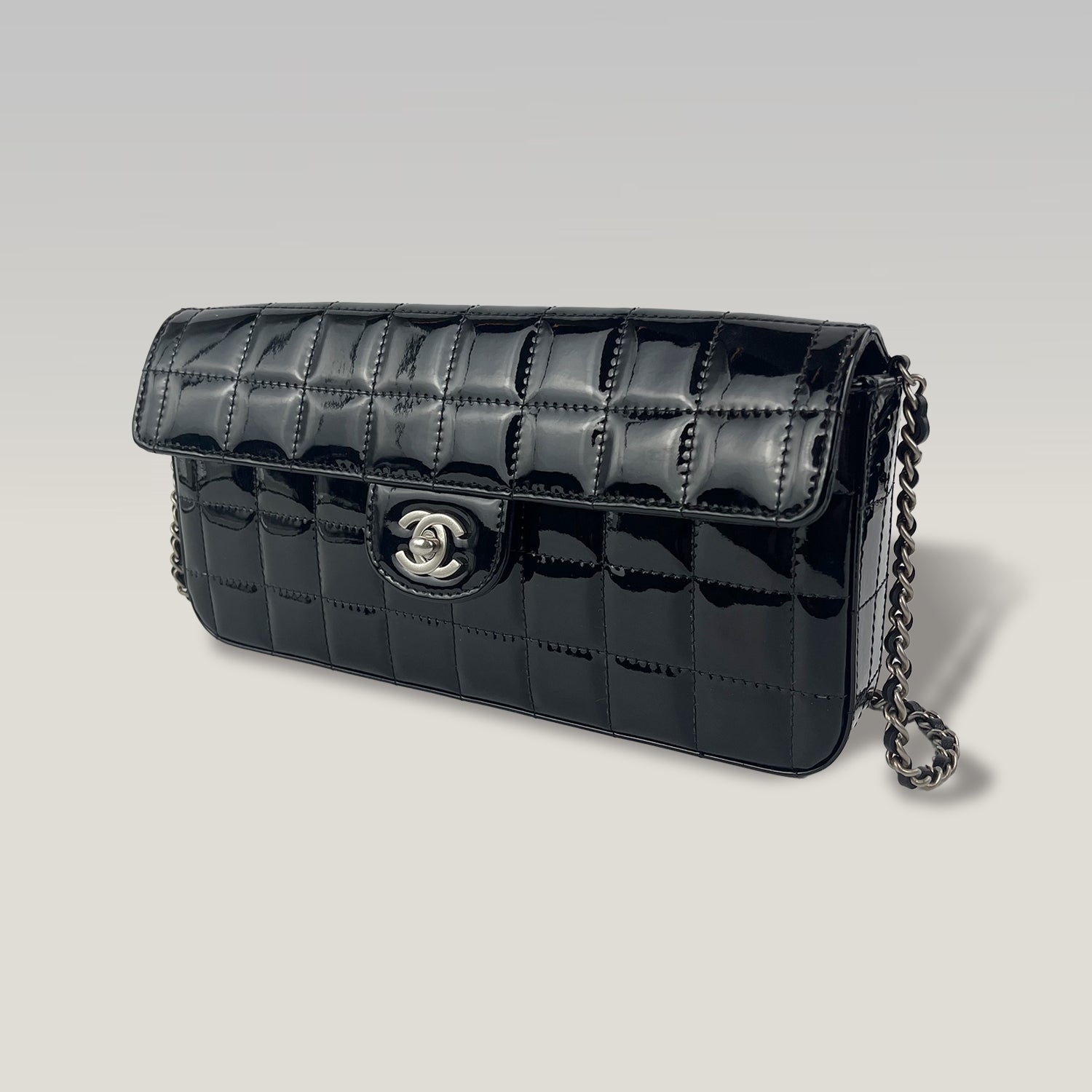 Chanel East West Chocolate Bar Patent Leather Flap Bag Black