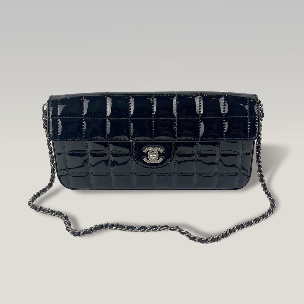 Chanel East West Chocolate Bar Patent Leather Flap Bag Black