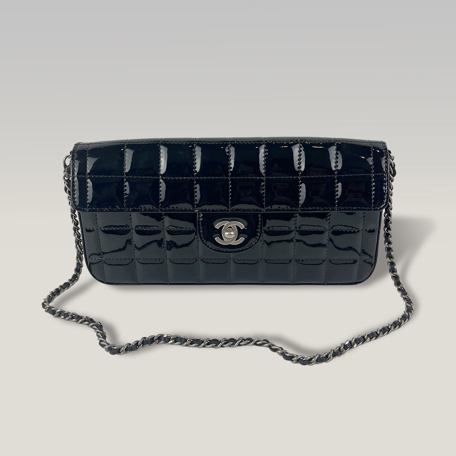 Chanel East West Chocolate Bar Patent Leather Flap Bag Black