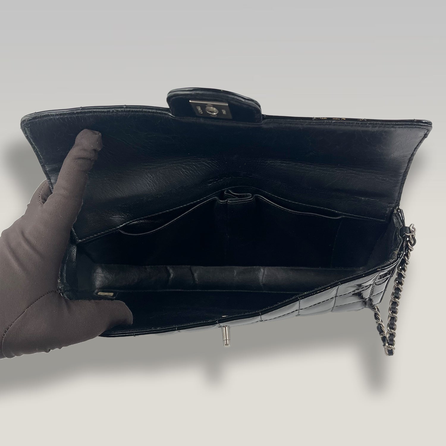 Chanel East West Chocolate Bar Patent Leather Flap Bag Black