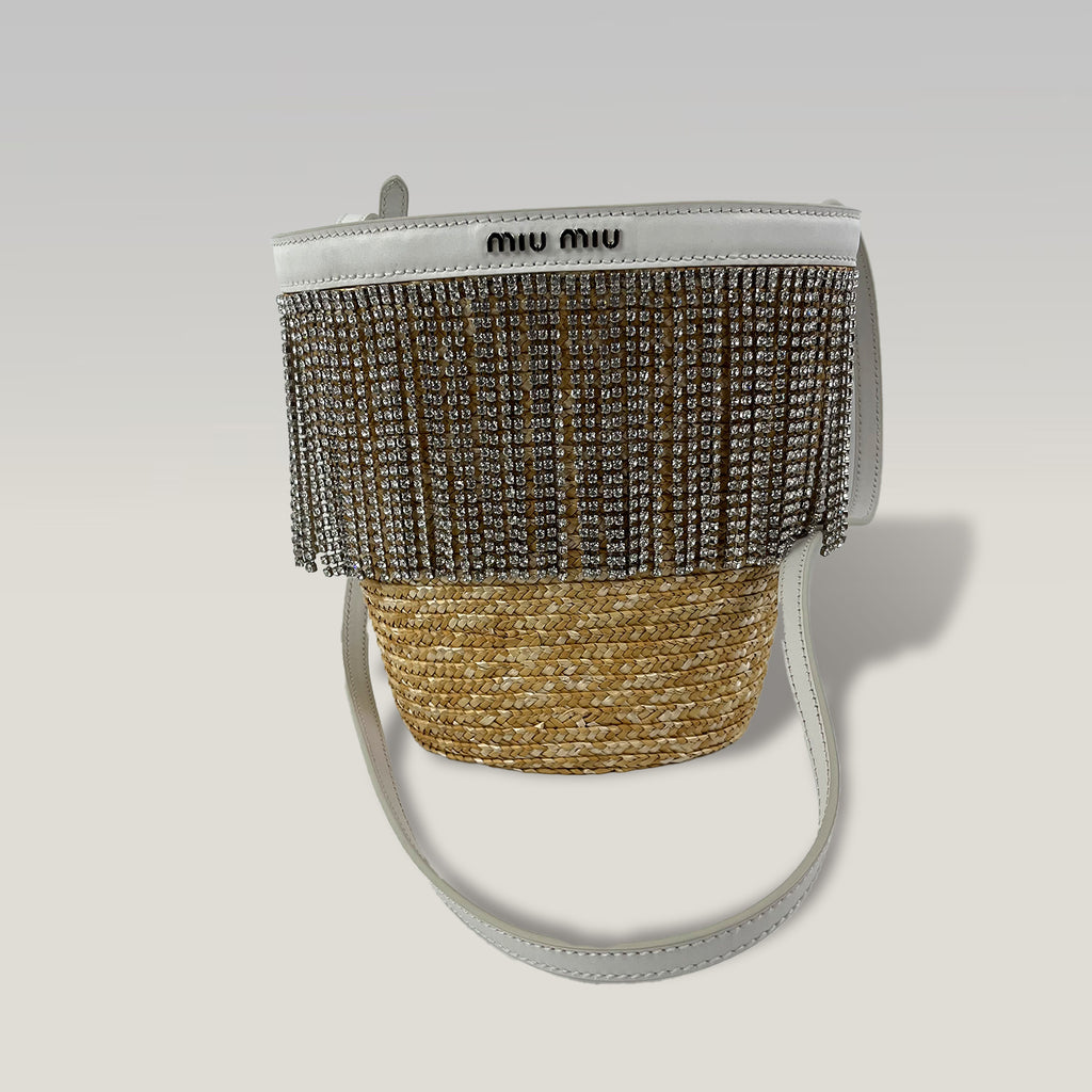 Miu Miu Crystal Fringe Wicker & Leather Bucket Bag White Straw Crossbody Bag