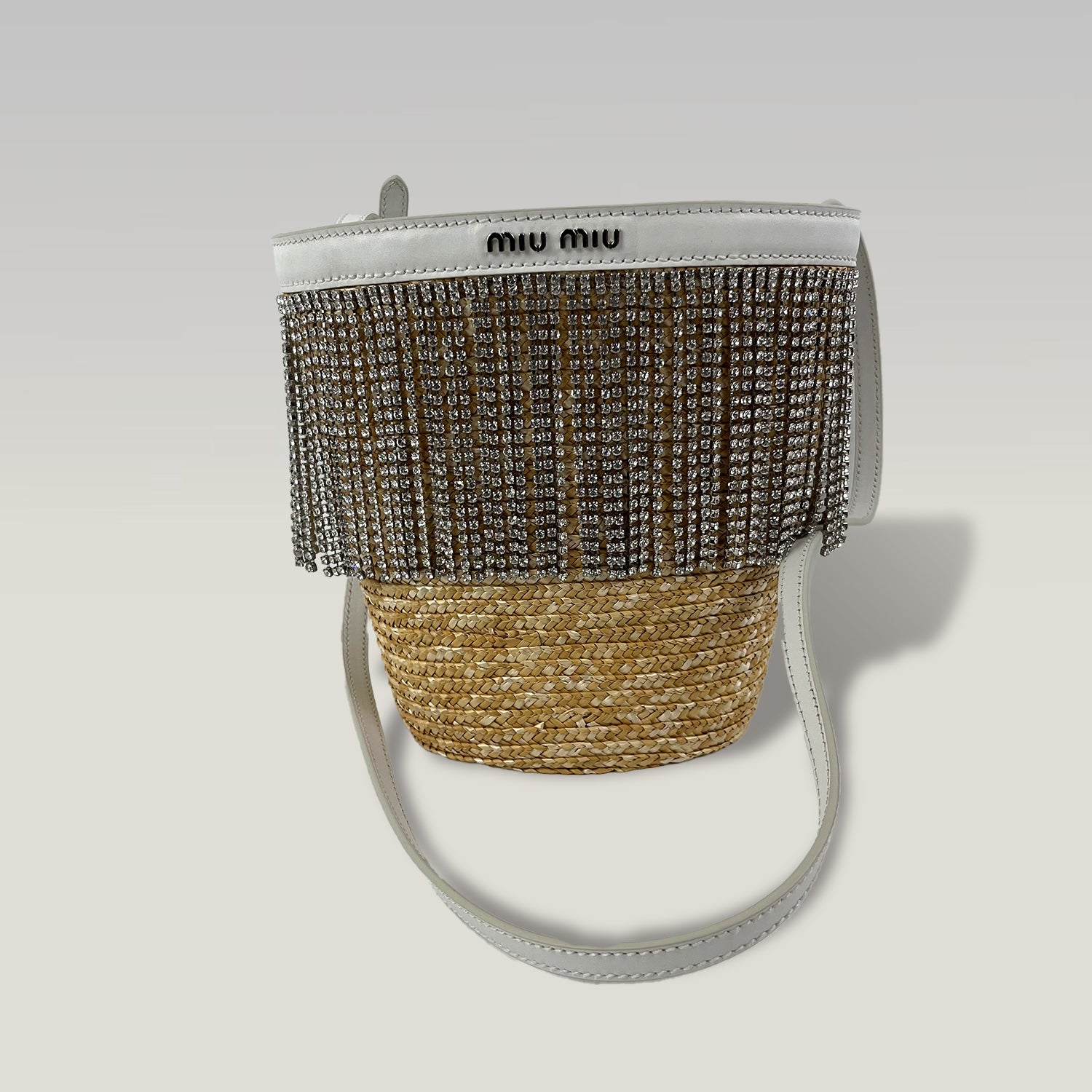 Miu Miu Crystal Fringe Wicker & Leather Bucket Bag White Straw Crossbody Bag
