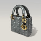Dior Lady Dior Mini in Pelle Cannage Grigio Metallizzato con Hardware Dorato