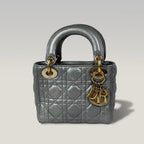Dior Lady Dior Mini in Pelle Cannage Grigio Metallizzato con Hardware Dorato