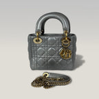 Dior Lady Dior Mini in Pelle Cannage Grigio Metallizzato con Hardware Dorato
